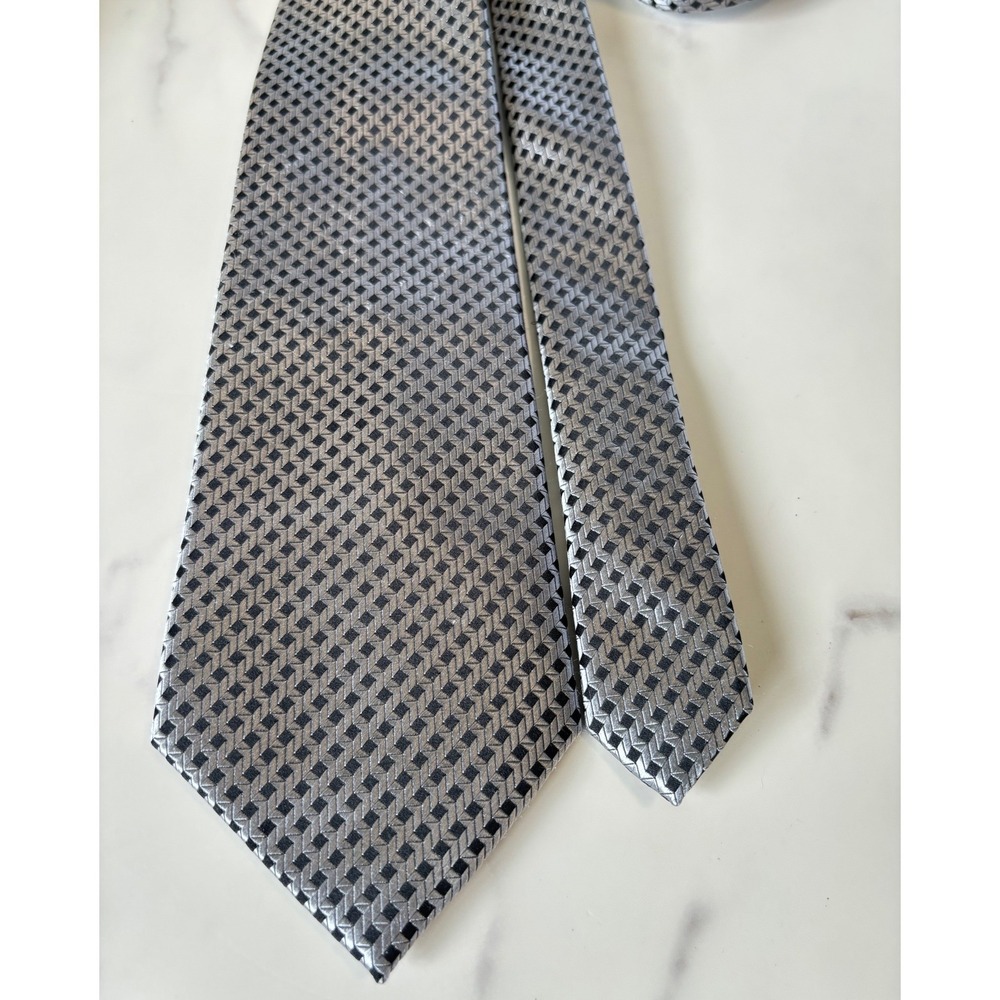 Sean John Mens Silk Extra Long Tie Silver Black Geometric Basketweave XL New